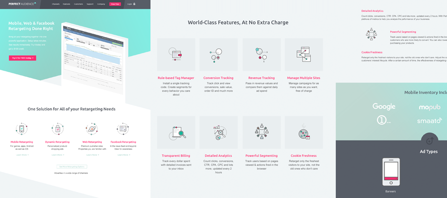 Perfect Audience site redesign: Home Page, V1 – Trying to do an angular thing. The background images will have a parallax effect.